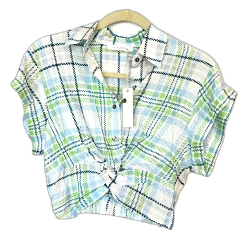 NWOT* Olivaceous Twist Front Crop Plaid Collared Shirt - Women's small - Picture 1 of 5